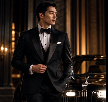 Concept preview: Asian gentleman wearing a black tuxedo, white dress shirt and black bow tie