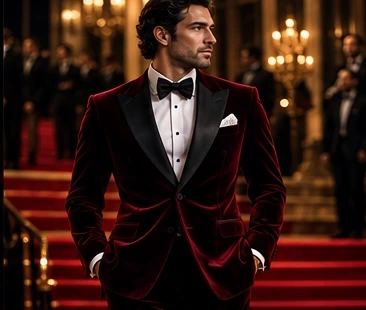 Concept preview: burgundy velvet black-tie tuxedo on the red carpet